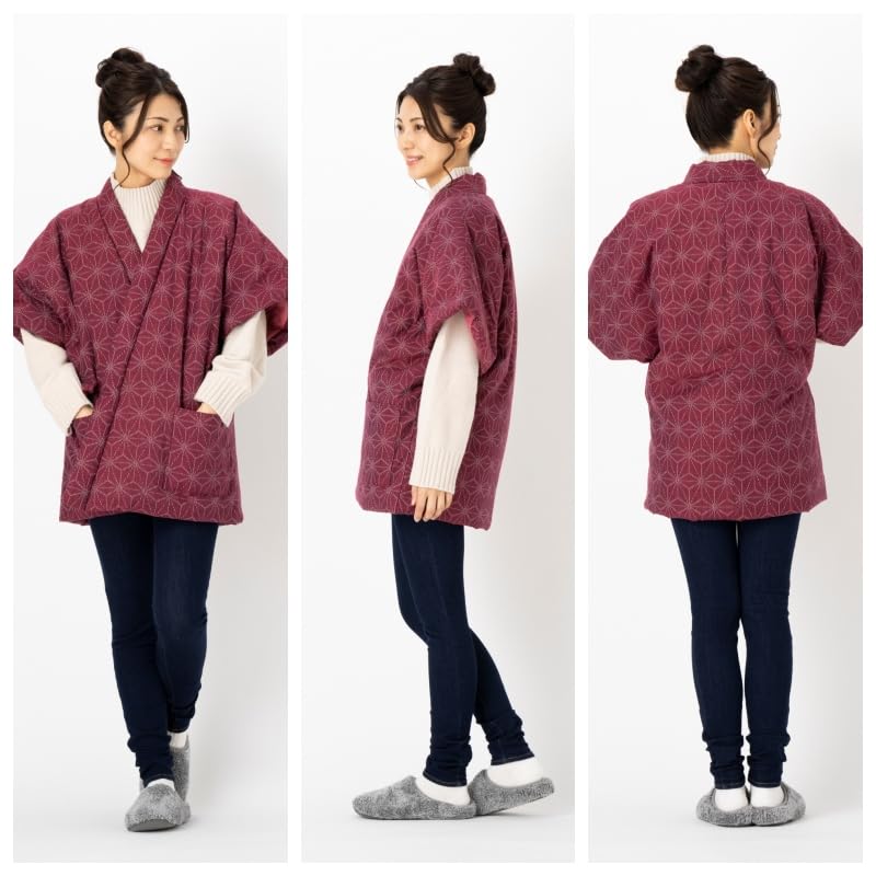 Watanosato Hanten for Kurume Dobby Hanten 16100 Hemp Leaf Japanese-made Women, Weave, Cotton-filled (free Size, Red)