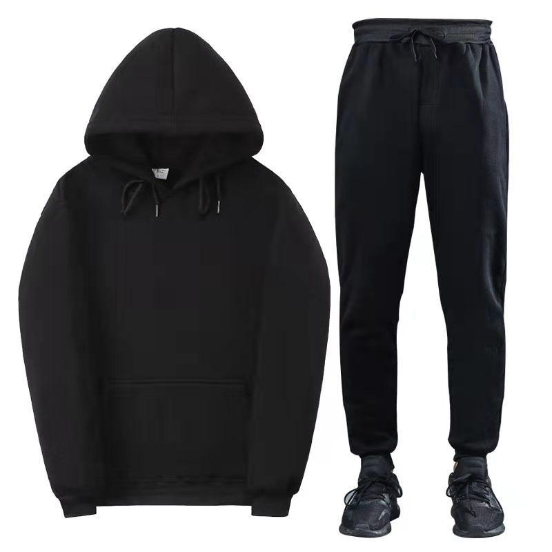 Unisex Autumn Plus Velvet Fleece Tracksuit Hoodies Casual Solid Color Thick Pullover and Long Pant 2-piece Set Men Women Jogger Sports Suit