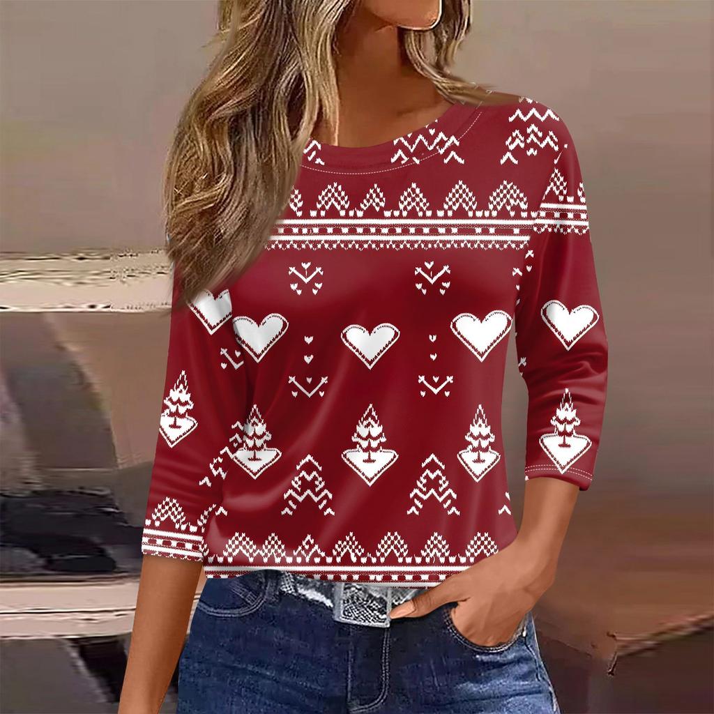 Женская футболка с рождественским принтом, рукав 3/4, повседневная, модная, на выходные, базовая, с круглым вырезом, стандартный топ