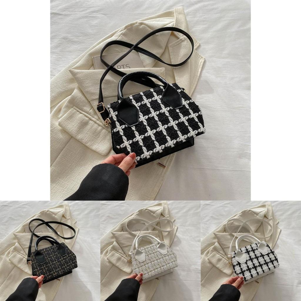 Trendy Fashionable Small Square Shoulder Bag In Black White And Plaid For Everyday Use
