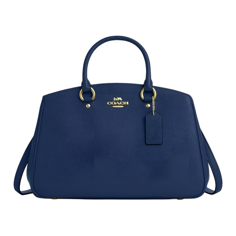 Coach Сумка-тоут Savannah Carryall 36 с логотипом, золотой фурнитурой, тисненой кожей, на плечо, через плечо, большая, женская, темно-синяя