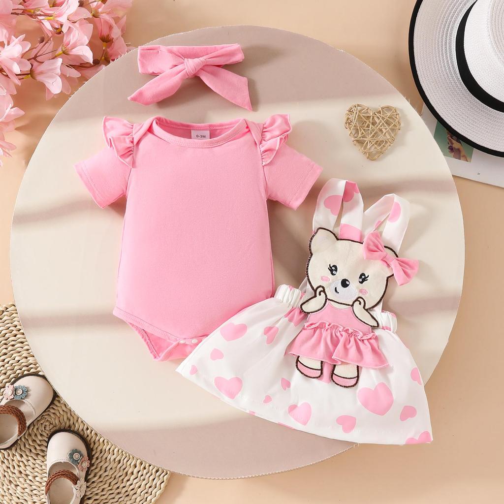 Sweet Cartoon Bear Baby Girl Summer Skirt Set - Includes Solid Color Short-Sleeved Top, Suspender Skirt, and Hairband.