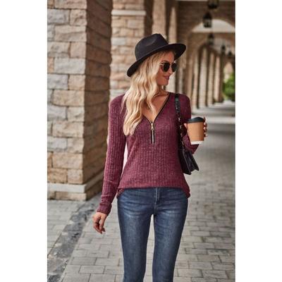 Осенний женский свитер, однотонная рубашка в полоску с v-образным вырезом и молнией, нижняя рубашка с длинными рукавами