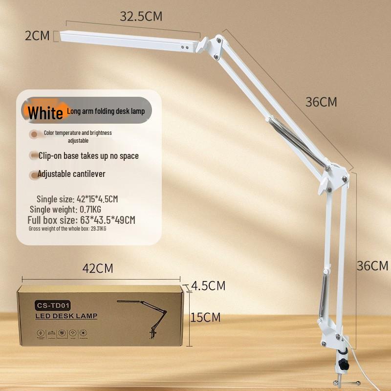 LED Eye-Care Desk Lamp with USB, Student Dormitory Creative Bedside Reading Light, Long Arm Folding Clip Design