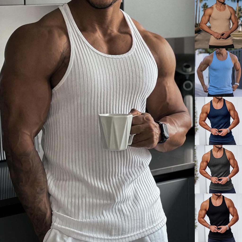 Rib Knitted Man Vests Summer Casual O-Neck Sleeveless Slim Stretch Sporty Tank Tops