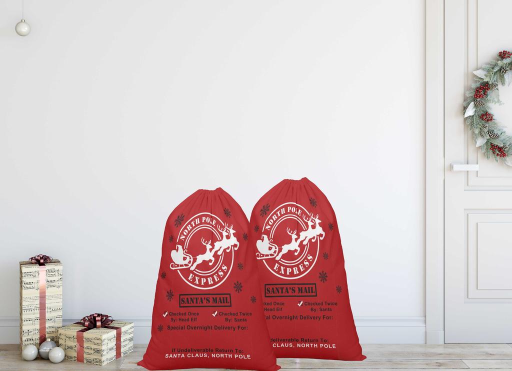 Printtoo Упаковка из 2 специальных рождественских мешков с завязками, очень большого размера, для многоразового хранения рождественских подарков, 27x20 дюймов