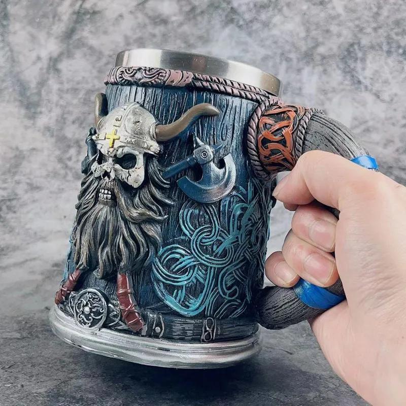 Medieval Viking Pirate Beer Mug Skull Mug Creative Large Capacity Mug Embossed Stainless Steel Coffee Mug Whiskey Cup Bar Party Halloween Gift