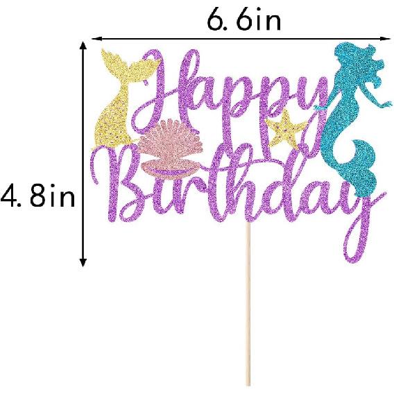 Mermaid Happy Birthday Cake Topper - Glitter Mermaid Under The Sea Theme Cake Topper, Baby Shower Gender Reveal Party, Boys and Girls Birthday Party
