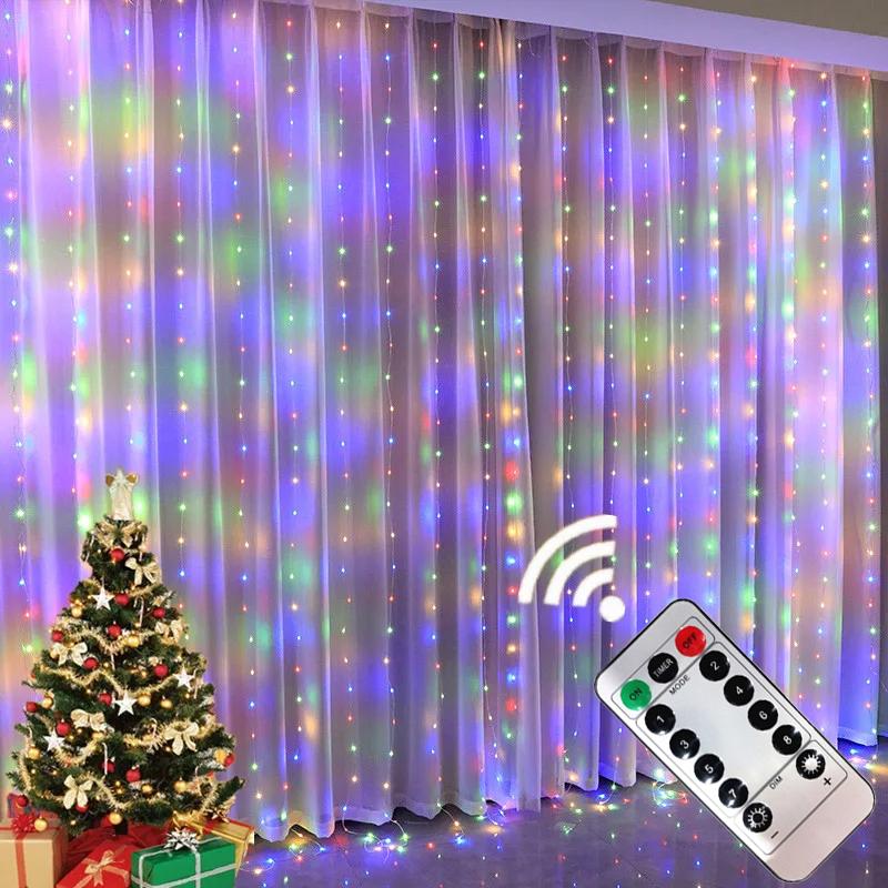 Christmas Lights Curtains for Windows Led Fairy New Year Lighting Room String Garland Usb Party Waterfalls Decorations Girls