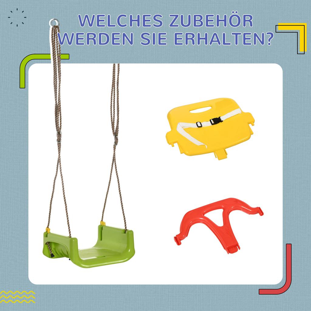 3 in 1 Detachable Kids Swing Seat with Safety Belt, Adjustable Rope for Indoor, Outdoor, Playground, Garden, Green