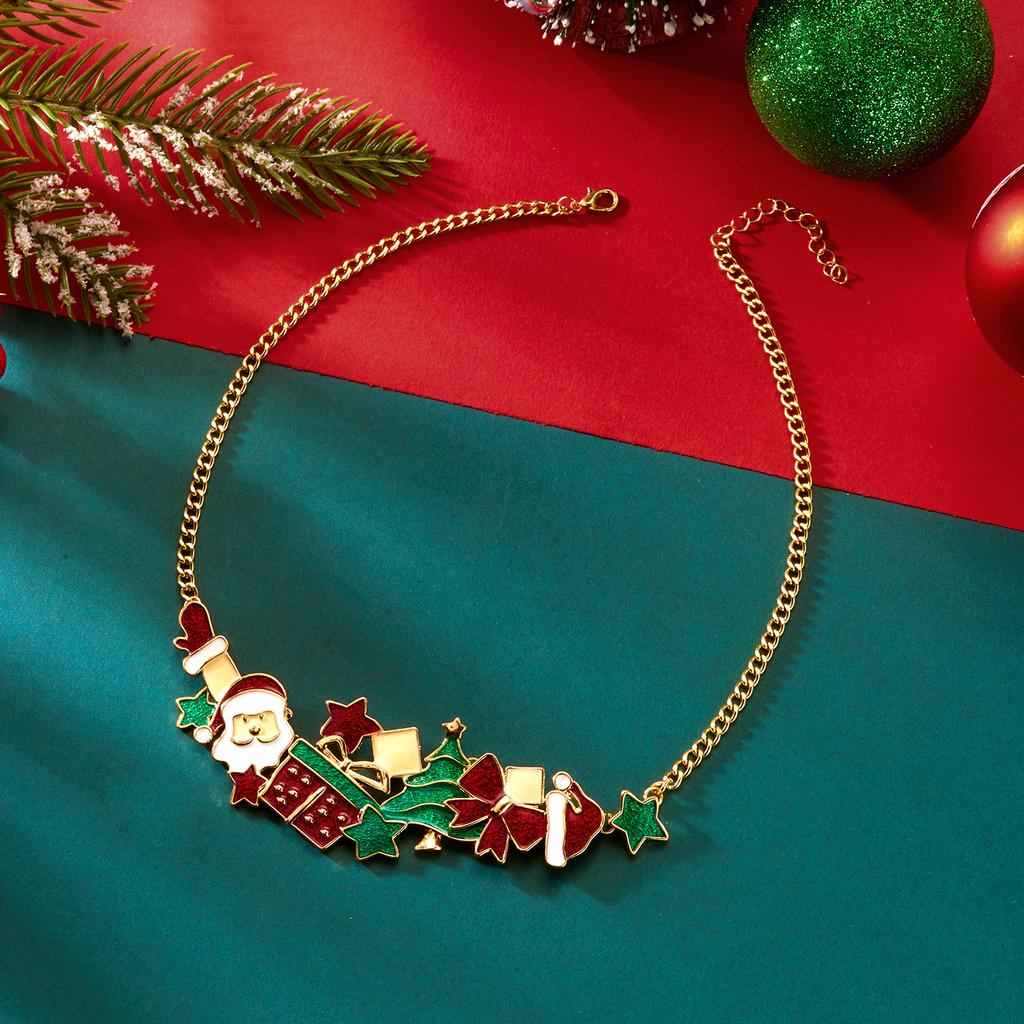 Exaggerated Enamel Santa Claus Christmas Tree Splicing Bangle for Women Dainty Xmas Necklace Bracelet Earrings Jewelry Set Gift