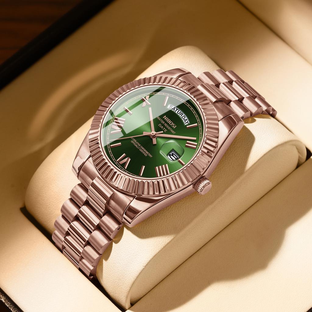 Luxury Golden Red Quartz Watch for Men Stainless Steel Waterproof Luminous Date Week Fashion Men Watches Reloj Hombre