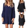 Fashion Women Solid Long Sleeve V-Neck Draped Knee-Length Dress