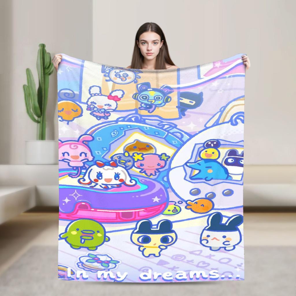 Japanese Cartoon Tamagotchis Blanket Cover Flannel Lightweight Thin Throw Blanket for Airplane Travel Bedspread