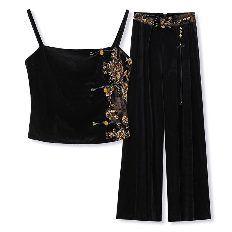 1116 new early autumn high-end national style new Chinese sexy embroidery suspender light luxury loose trousers set M8111