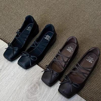 2025 весна и осень новая мода квадратный носок балетки бант толстый каблук легкий вырез одинарные туфли женские повседневные маленькие кожаные туфли
