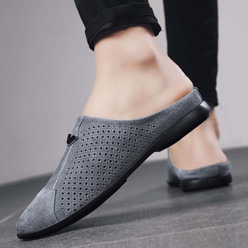 Модные новые мокасины с открытыми носками для мужчин, повседневные кожаные полутапочки для мужчин, дышащие мужские тапочки, летняя дизайнерская мужская обувь