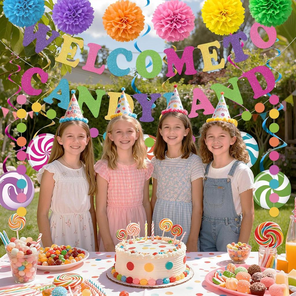 Welcome to Candyland Party Banner Hanging Swirls Decorations Colorful Candy Themed Birthday Decor for Sweet Themed Shop Baby Shower Classroom Home