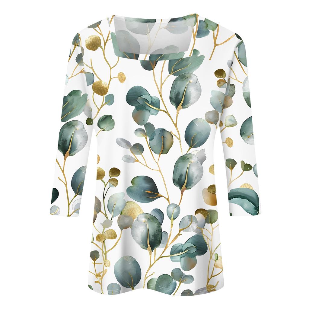 Shirt For Women's Fashion Casual Square Neck 3/4 Sleeve Loose Printed T-Shirt Ladies Top