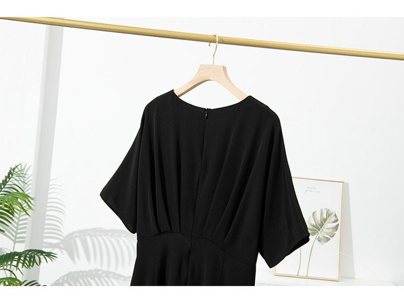 Women's Short Sleeve Real Silk Dress - Loose Fit, Solid Color, Round Neck, Long Length