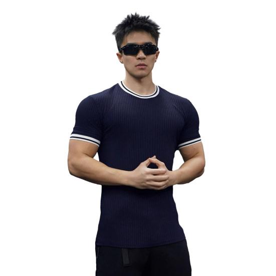 Men's Elastic Muscle T-Shirt Round Neck Short Sleeve Fitness Top Slim Fit Casual Running Tee for Sports Gym Outdoors