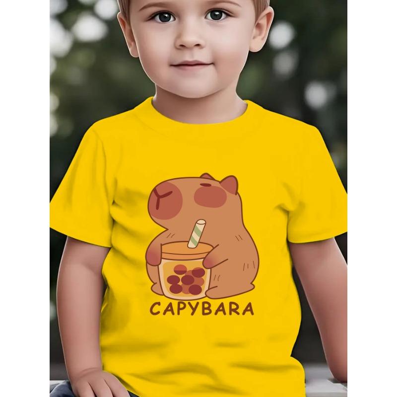 Европейские размеры Летняя мода Детская футболка с коротким рукавом "КАПИБАРА" Мультяшный элемент с принтом капибары, держащей бабл-ти Повседневный топ для улицы