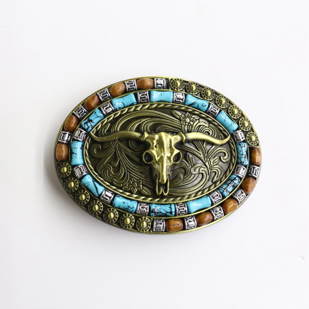 Zinc Western Cowboy Belt Buckle with Cow Skull & Horse Head