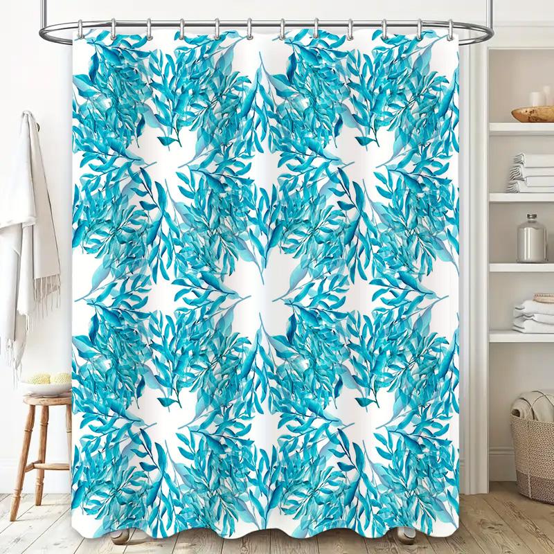Blue Floral Shower Curtain SetWaterproof Fabric for Bathrooms Modern Design with White Background (201913)