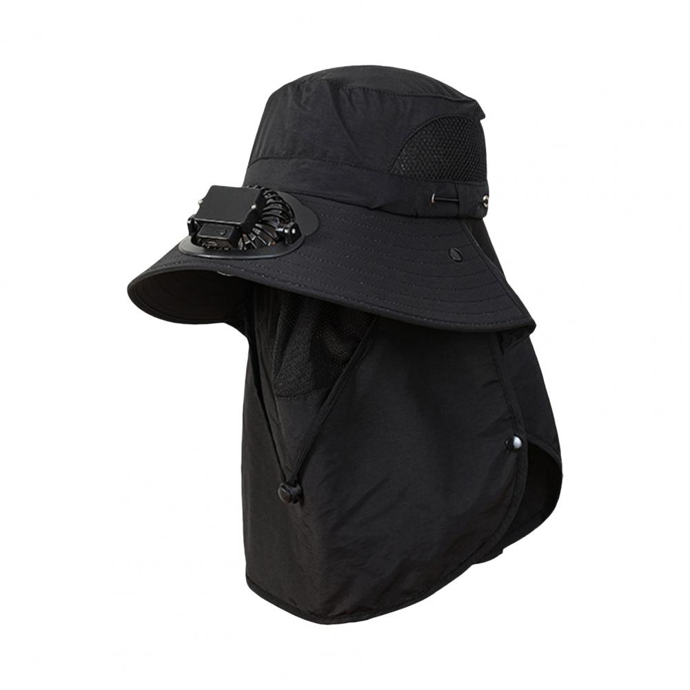 Men Solar Fan Hat with Face And Neck Cover USB Rechargeable Fan Large Brim Hollow Mesh Windproof Strap Anti-UV Sunlight Protecti