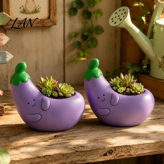 Resin Container Cute Eggplant Planter, Small Flower Pot, Funny Purple Vegetable Creative Plant Holder Shape Cactus for Office Home Windowsill Desktop
