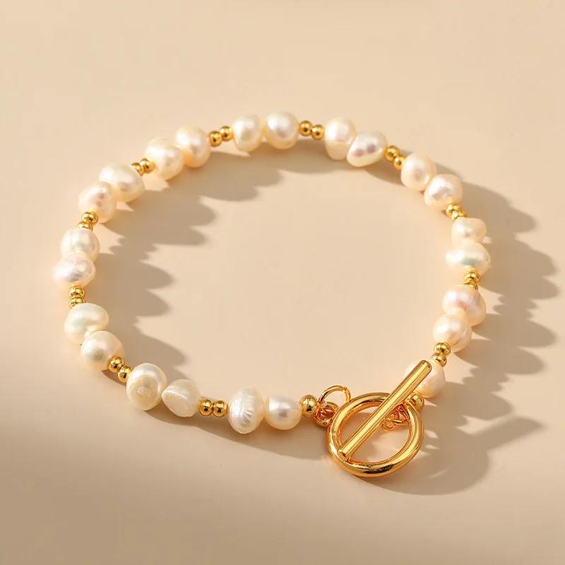 Bohemian Irregular Natural Freshwater Pearls Bracelet for Women Girls Boho Stainless Steel Rust Proof Bangle Party Jewelry Gifts