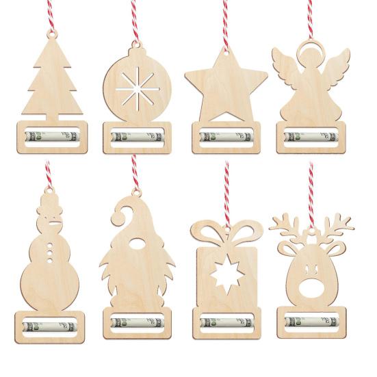 Yousheng 8Pcs Christmas Money Holders Wooden Gift Cards Decoration Xmas Tree Hanging Cash Ticket Holder for Christmas Party Home Decor
