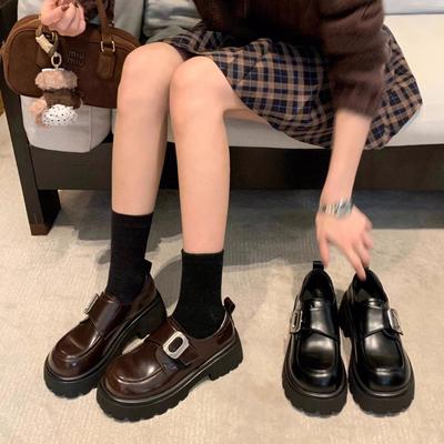 Версия из овчины~ Кожаные лоферы с квадратной пряжкой, ленивые, на толстом каблуке-маффине, на толстой подошве, женские, осенние, маленькие кожаные туфли для женщин