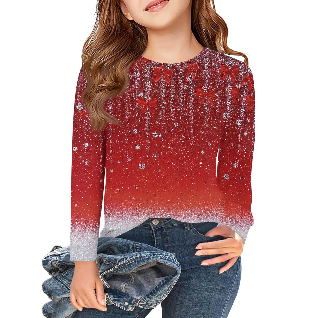 Рождественские футболки с длинным рукавом для девочек, детские осенние топы с круглым вырезом и принтом, базовые футболки