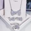 Korean Version Simple Bow Necklace Earrings Three Piece Set Platinum Plated Set with Zirconium Womens Fashion Accessories