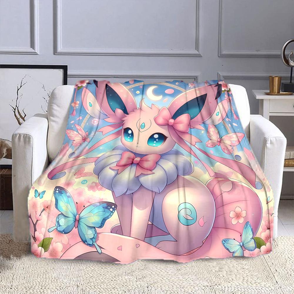 Cute Sylveon Eevee Pink Blanket for Couch or Bed - 3D Pattern Decor Blanket - Cozy Soft Fuzzy Blankets Suitable for All Seasons