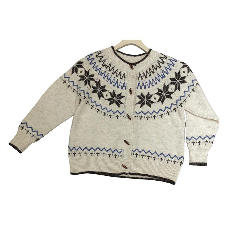 Women's 2026 Autumn/Winter Jacquard Knit Round Neck Snowflake Cardigan Sweater with Horn Buttons