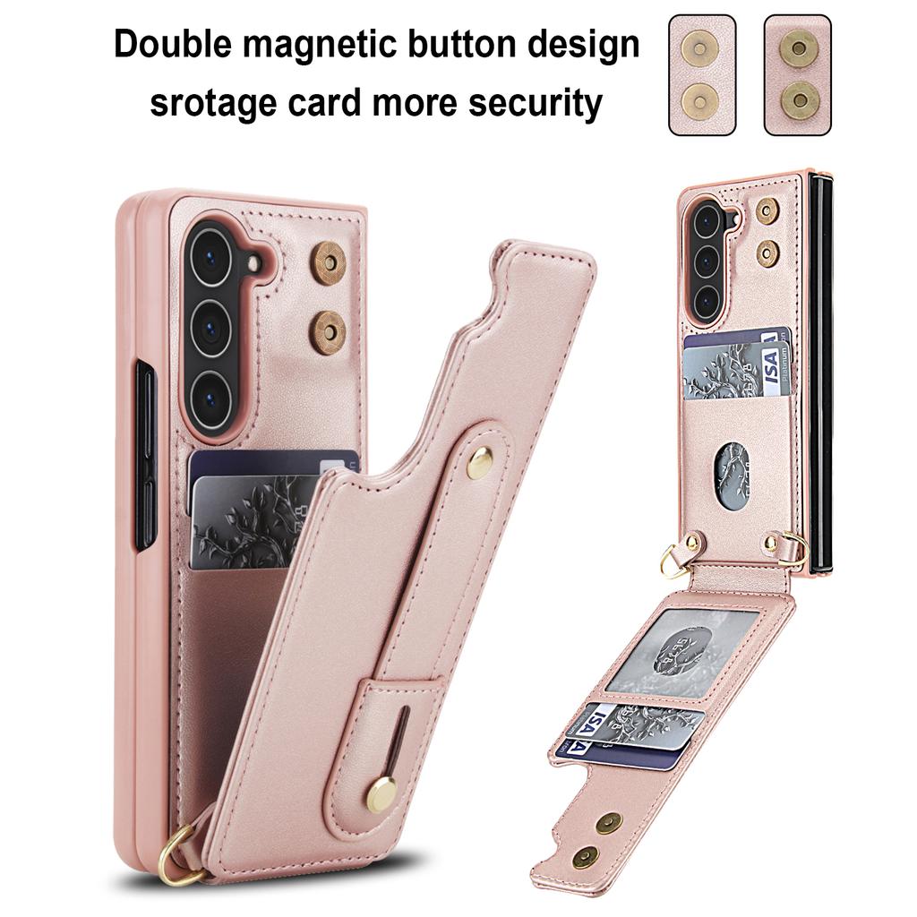 Crossbody Wristband Wallet Phone Case For Samsung Galaxy Z Fold 7 6 5 4 5G Double Magnetic Button Card Slot Wrist Design Cover