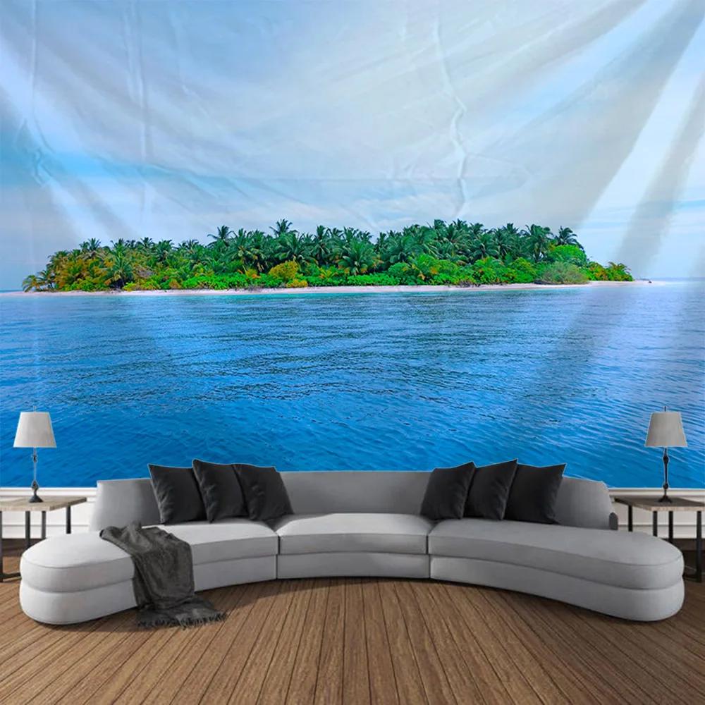 Bedroom Landscape Tapestry Sea View with Coconut Trees Home Mural Art Wall Decoration Aesthetic Garden Hanging Decor