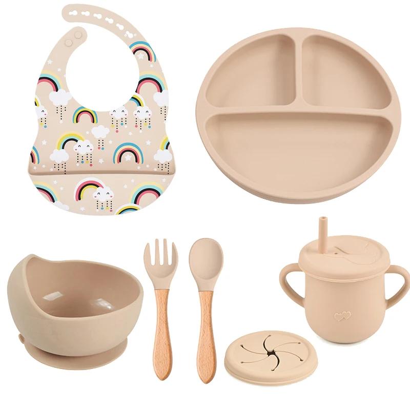 7PCS Baby Solid Silicone Tableware Set with Divided Baby Plates Feeding Bowls Straw Cup and Spoon for Toddler Training BPA Free