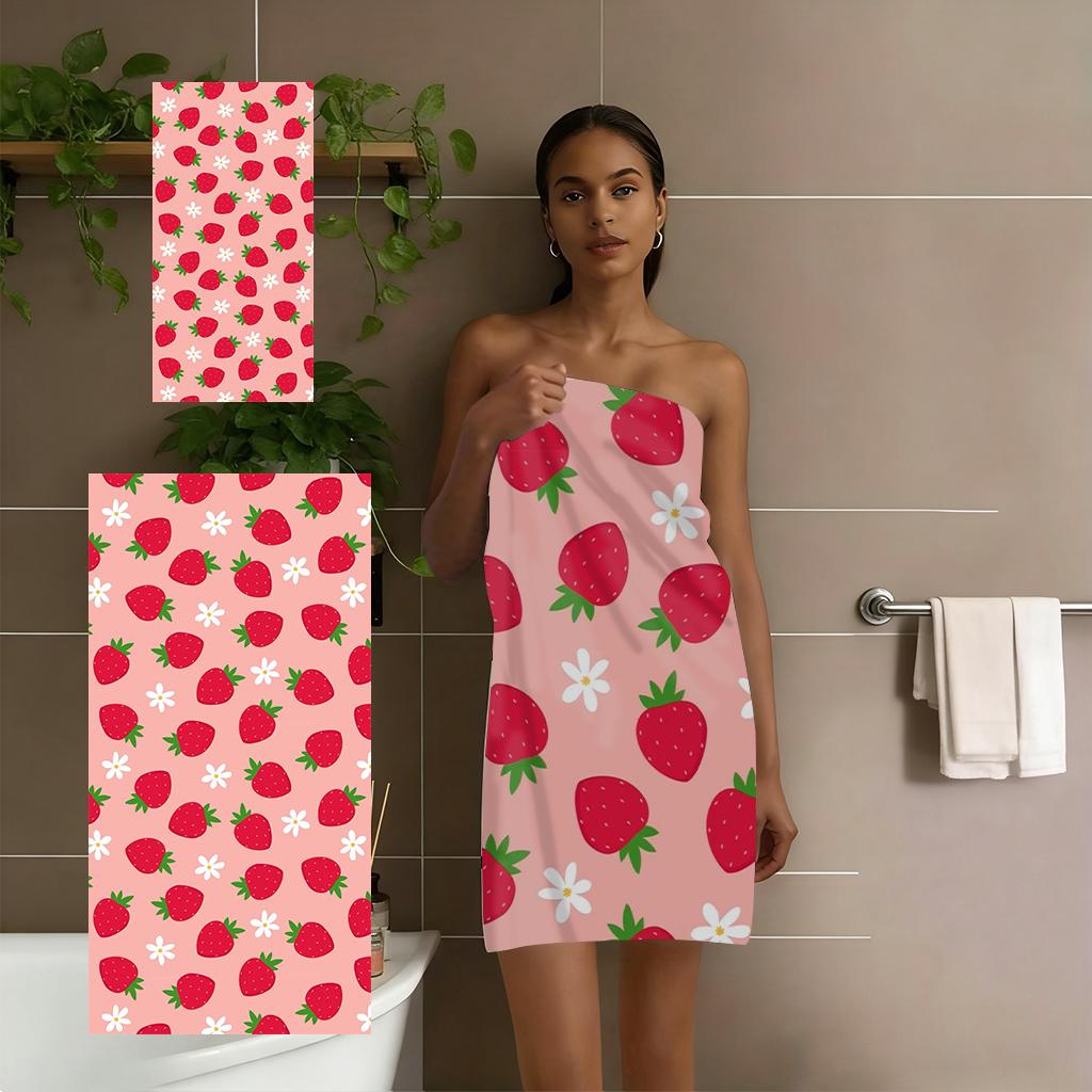 Cute Strawberry Print Beach Towel, Soft Absorbent Microfiber Quick Dry Bath Towel, Oversized Sand-Free Towel for Summer Beach