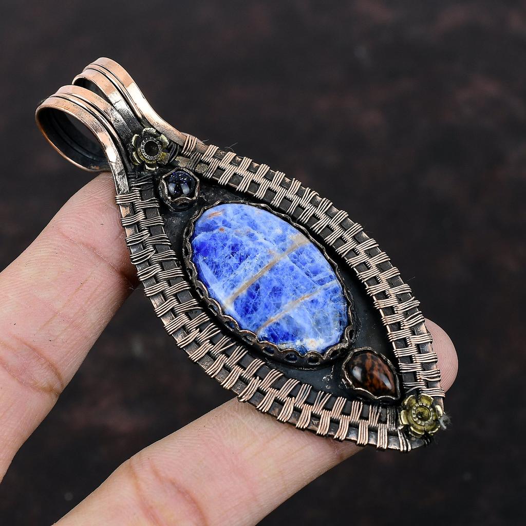 Sodalite Gemstone Pendant Copper Wire Wrapped Pendant Mahogany Obsidian And Blue Sunstone Pendant Handmade Copper Jewelry Pendant For Women