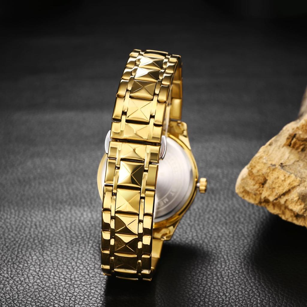 Наручные круглые из нержавеющей стали с календарем золото золото большая пара с New Day мужские часы, водонепроницаемые, непромокаемые, светящиеся, светящийся, циферблат, сталь,