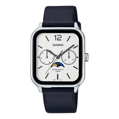 CASIO Стандартные аналоговые часы с фазами Луны, черный кожаный ремешок, серебристая модель Overseas [Casio] Мужские MTP-M305L-7AV [Товар]