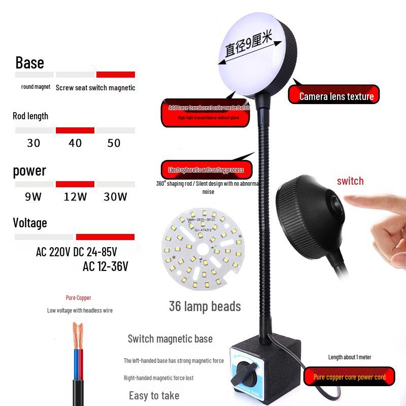 220V LED Work Light with Magnetic Base for Lathe, Punch Press, Injection Molding, and 24V Equipment