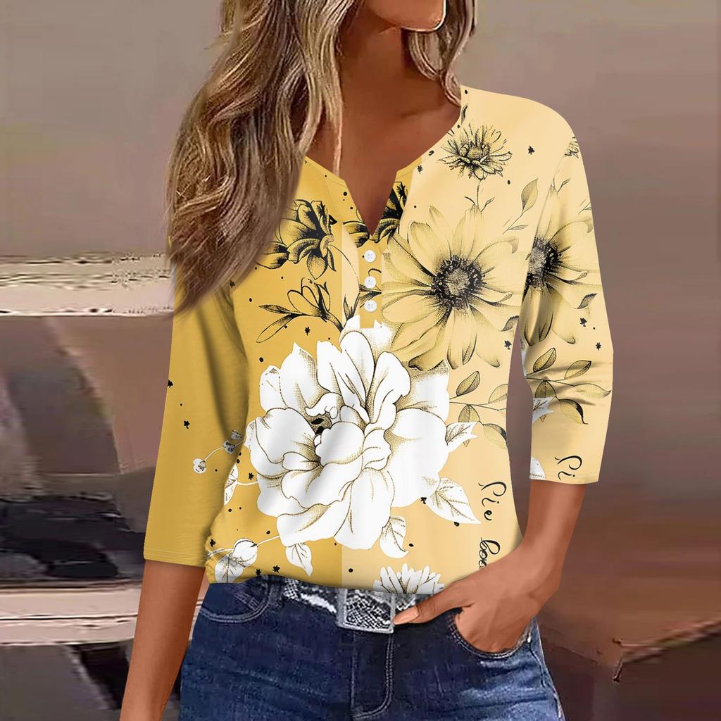Жен. Футболка Футболка С принтом Пуговицы Рукав 3/4 Повседневные Выходные Мода Классический Классический V-образный вырез Обычный Верх