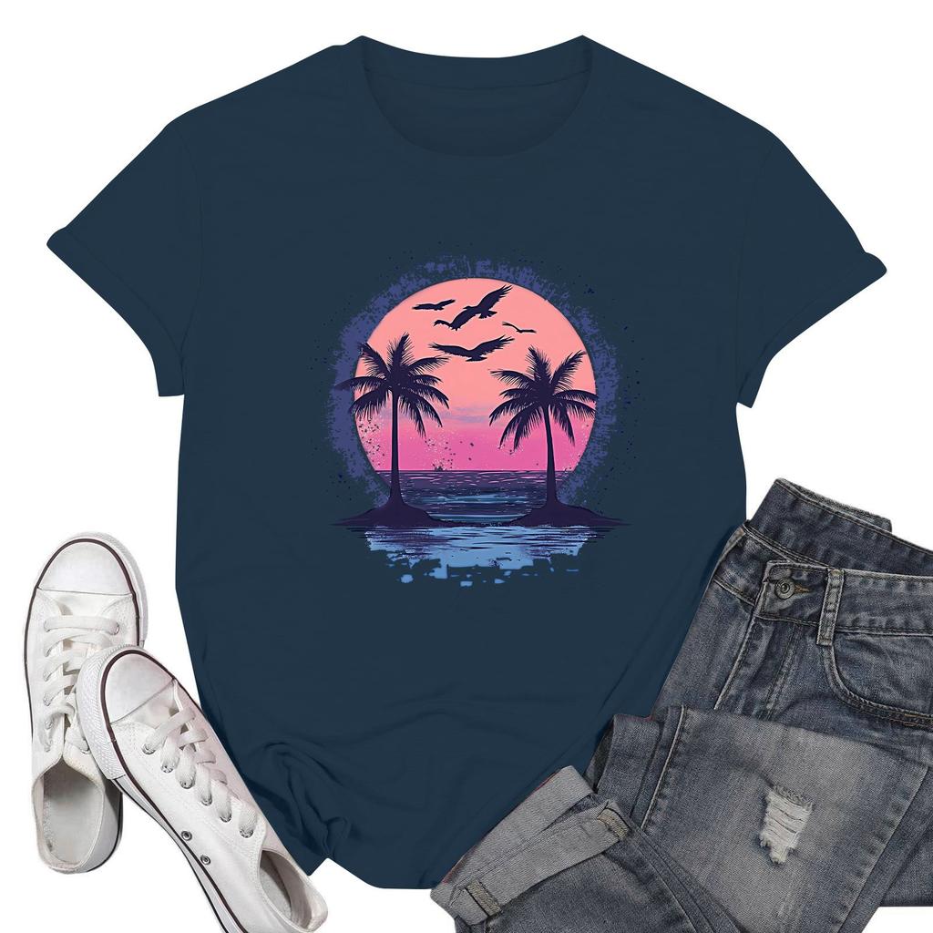 Women's Fashion Casual Printed Short Sleeve Round Neck Pullover Tops