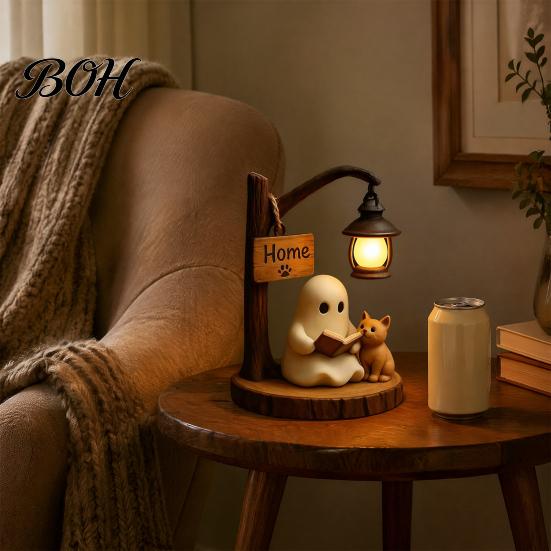 Reading Book Ghost Statue Halloween Figurine, LED Light-up Street Light Resin Spooky Figurine Statue, Cat Desktop Decoration for Holiday Party Cartoon