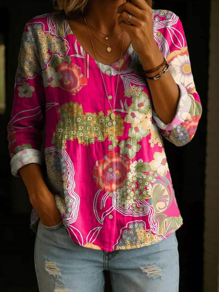 1116 European and American women's shirt women's top crew neck flower 1D printing