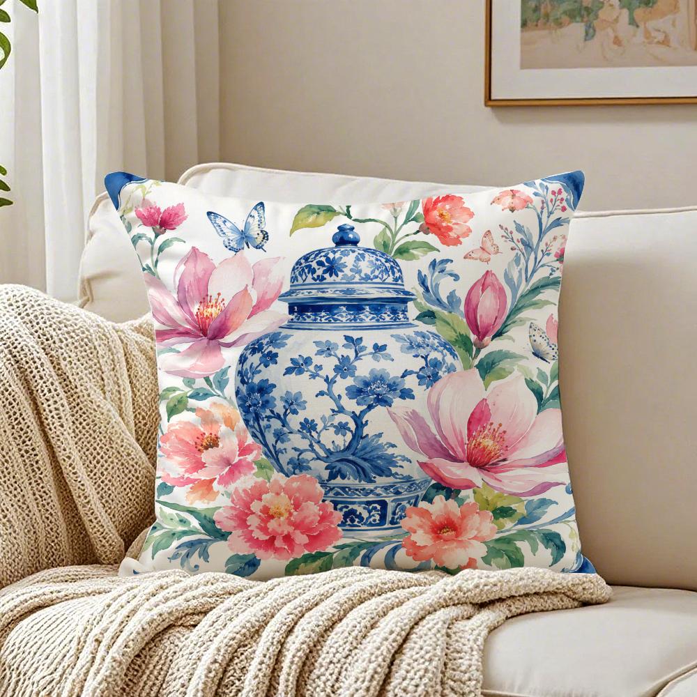 GingerJarChinoisereblueWhiteFloral Pillow Case Breathable Organic Short Plush Cushion Covers WrinkleResistant Soft Durable